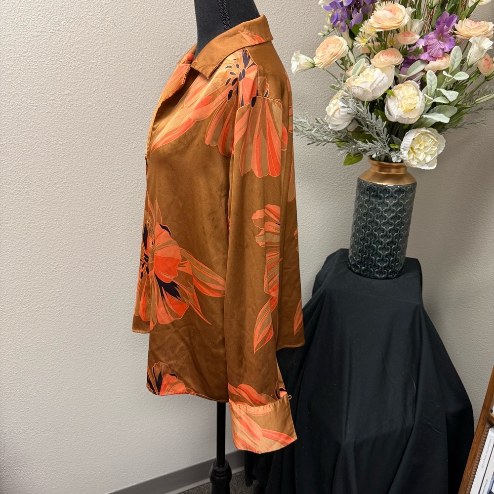 Worthington XL Satin Blouse Brown Orange Floral Button Down Long Sleeve Top - Picture 3 of 8
